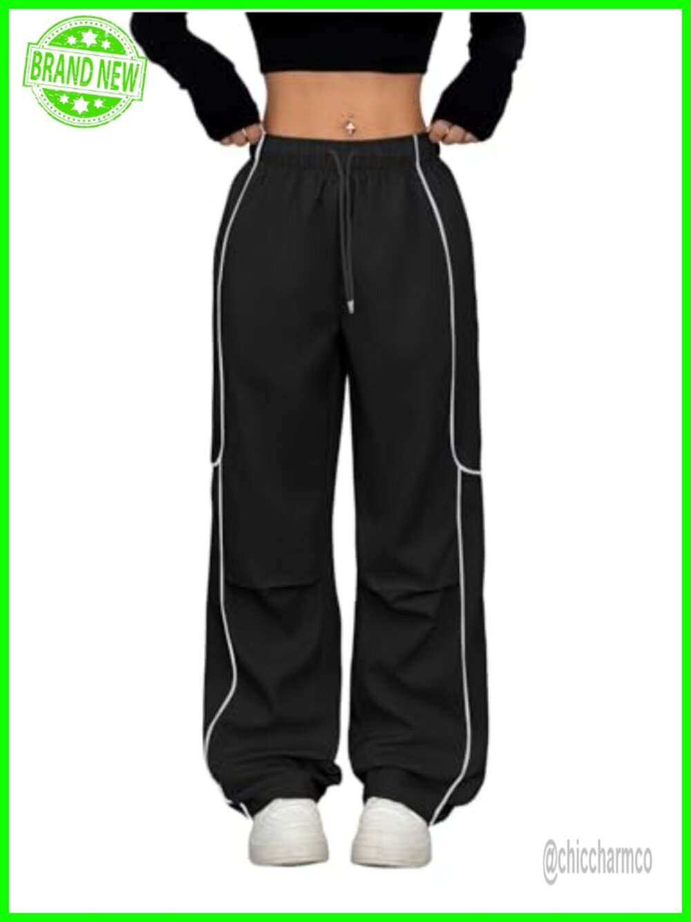 Women's Parachute Cargo Jogger Pants Wide Leg Contrast Piping Elastic Waist